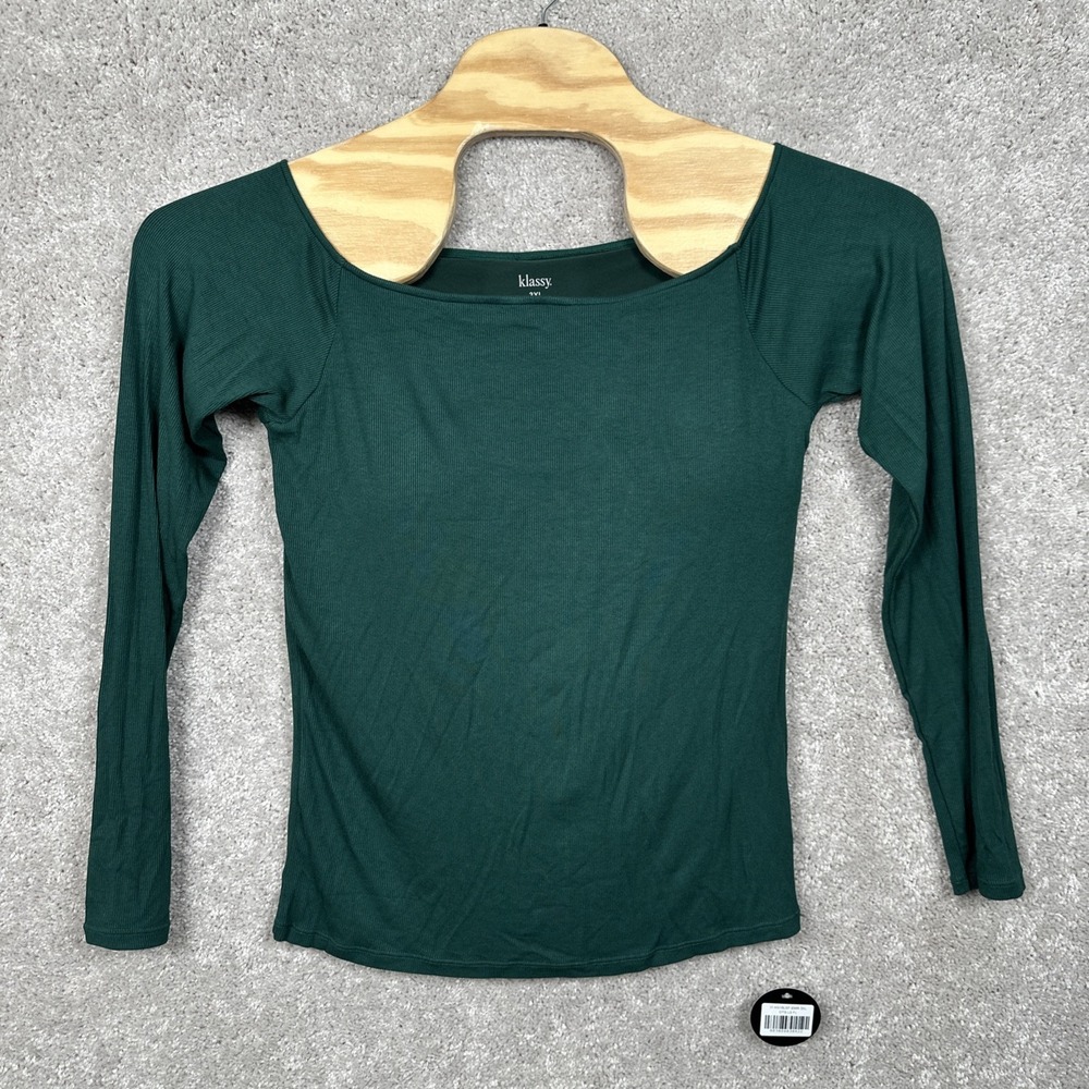 Klassy Network Womens Off the Shoulder Ribbed LS Shirt w/Built-In Bra Green 3XL